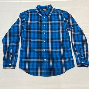 Wrangler Blue Plaid Easy Care Cotton Blend Boys Button Down Shirt Size XXL 18